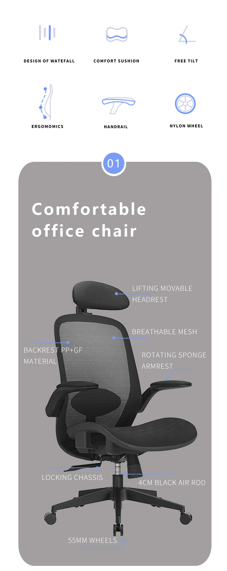 Mesh PP Armrest Swivel Ergonomic Manager Executive Conference Gaming Office Chair
